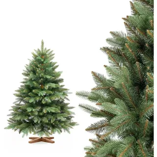 FairyTrees Künstlicher Weihnachtsbaum Nordmanntanne Premium, mit braunem Stamm und Echtholz Baumständer - Fairytrees