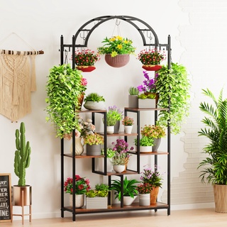 unho Blumenständer mit 5 Ebenen/16 Haken, Pflanzenregal 190cm Hoch Pflanzenständer Blumenregal für Indoor Balkon Boden Wohzimmer