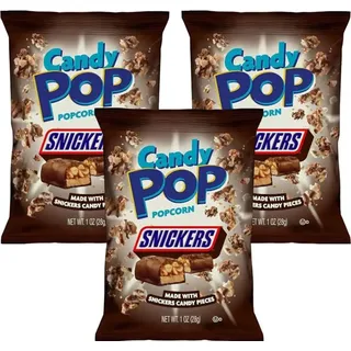 Candy Pop Snickers Popcorn – 3er Pack (3 x 28 g) – Knuspriges Popcorn mit Snickers-Stücken – Süß-salziger US-Snack+Heartforcards Versandsc...