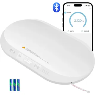 Vevor Babywaage, intelligente Bluetooth-Säuglingswaage mit Maßband, Kleinkindwaage zur Gewichts- & Größenverfolgung – mit Hold-& Tara-Funktion, 5 Einheiten für Babys, Haustiere, 40 kg Tragkraft