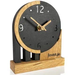 FLEXISTYLE Modern standuhr tischuhr klein aus Holz Eiche Wohnzimmer Badezimmer Uhr Holz tischuhren holzuhr Tisch Uhr tischuhr modern standuhr Clock (Style 3), Shwarz/Oak, Schwarz