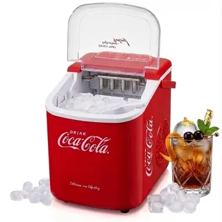 Salco Coca-Cola Retro Eiswürfelmaschine – Schneller Eiswürfelbereiter für Party, Camping & Home, 9 Würfel in 7-11 Min, Mobiler Eismacher mit Tragebügel, 12kg/24h, Inkl. Schaufel & Korb, Rot
