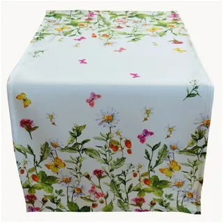 texpot Tischdecke mit Blumen Schmetterlinge Sommerwiese Tischläufer Frühjahr Sommer (1-tlg) weiß rechteckig | 40 cm x 90 cm