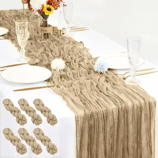 Ezvsevuo 6 STK. Tischläufer Beige 90 x 300 cm - Rustikale Gaze Käsetuch Tischläufer, Boho Dekostoff für Hochzeitsdeko Gartenparty, Brautparty, Geburtstag Deko & Tischdeko (Khaki-Beige)