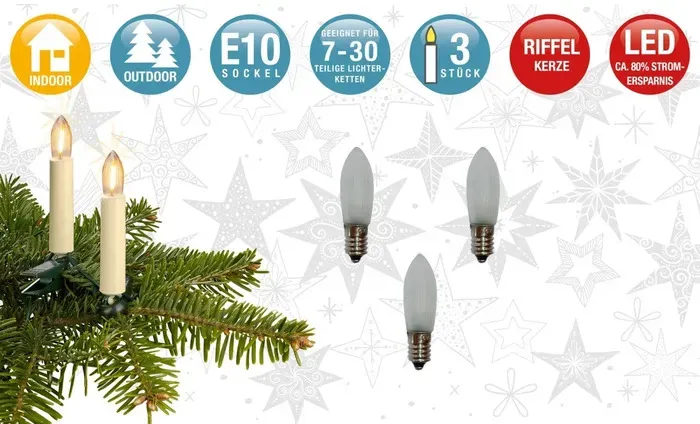 Hellum LED-Riffelkerze E10 8-55 V / 0,1-0,3 W matt Warmweiß 3er Blister