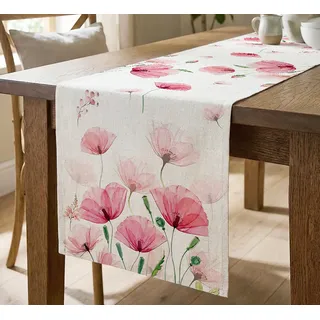 JANGYUHH Deko Sommer Blumen Tischläufer 33x183 cm Rosa Romantisch - Zartes Blütenmuster auf Leinenstoff, Deko Outdoor für Frühstückstisch & Hochzeit
