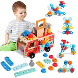 TEGOVE Werkzeugkoffer Kinder Werkbank Werkzeug LKW,Kinderwerkzeug Werkzeugwagen,Montessori Werkzeug Holzspielzeug Spielzeug Ab 2 3 4 Jahre,2 in 1 Feuerwehrfahrzeug aus Holz