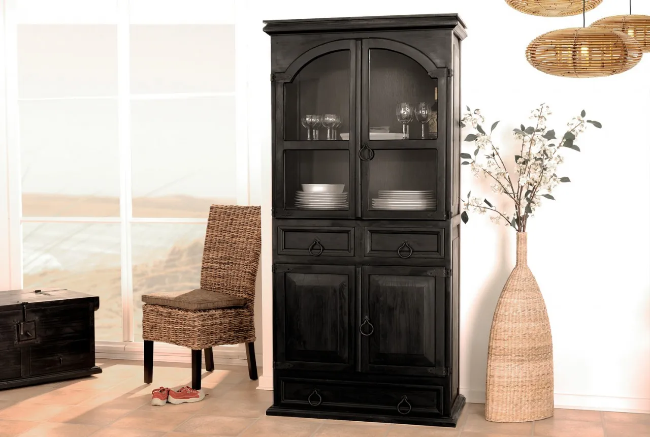 Vitrine MEXICO Kolonialstil, schwarz-braun lackiert, Pinie Massivholz, Vitriene