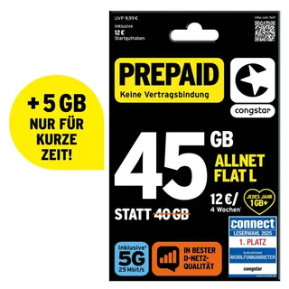 congstar Prepaid ALLNET L SIM-Karte ohne Vertrag I 45 GB Vielsurfer Prepaid-Paket in D-Netz-Qualität I 5G mit 25 Mbit/s + 12€ Startguthaben I Telefonie & SMS Flat in alle dt. Netze I EU-Roaming inkl.