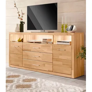 Home Affaire Sideboard »Ribe,180cm breit, Fronten Massivholz,7 Fächer«, Holz massiv, Holzwerkstoff, Metall Griffe,2Türen,3Schubladen, beige