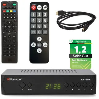 RED OPTICUM HD Sat Receiver für Satellitenschüssel mit Aufnahmefunktion, AAC-LC Audio, PVR, HDMI, SCART, USB, Coaxial - Timeshift & Einkabel tauglich - SBox + Seniorenfernbedienung + HDMI Kabel