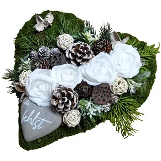 Der kleine Dekoladen Grabgesteck mit Weißen Rosen, Künstlicher Wetterfester Grabschmuck aus Moos, 30cm Herz-Form, für Allerheiligen und Totensonntag