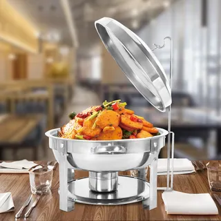 Chafing Dish, Rund, mit Glasdeckel mit Einem Brennpastenbehälter und Lebensmittelpfanne, Warmhaltebehälter, Speisewärmer, Behälter, Silber, 7,5L