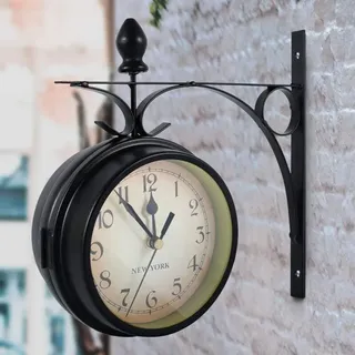 Doppelseitige Wanduhr, Europäische Retro-gartenuhr Mit Doppelter Glasoberfläche, Dekorative Vintage-hängeuhr Mit Halterung, Für Den Innen- Und Außenbereich (batterie Nicht Enthalten)