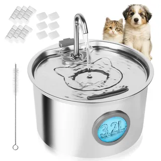 Katzenbrunnen Edelstahl: 3,2 L, Ultraleise Trinkbrunnen Für Katze -Trinktiger Katzenbrunnen Mit 6 Filterkartuschen, 6 Filterpads Und USB-LadegeräT, SpüLmaschinenfest, Mit Wasserstandsanzeige