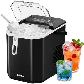silonn Eiswürfelmaschine mit Griff-Eiswürfelkorb – Tragbar & Selbstreinigend, Mini Ice Maker 9 Eiswürfel/6 Min. 12 KG/Tag, Eiswürfel einfach entnehmen und überall nutzen
