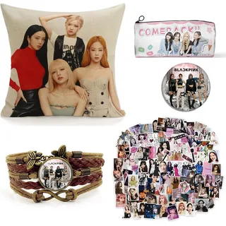 ZPPLD Blackpink Merchandise,Blackpink Fanartikel,Blackpink Fans Geschenk Set,1 Blackpink Kissenbezug,1 Geflochtenes Lederarmband,100 Blackpink Stickers,Einlagiges Federmäppchen aus Canvas,Brosche
