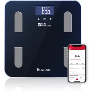 TERRAILLON - FIT COACH – Intelligente Waage, WiFi, Impedanzmesser, Analyse von Fett, Muskeln, Wasser, Knochen und Viszeral, BMI, LCD-Display, Kapazität 180 kg, Glasplatte, Schwarz