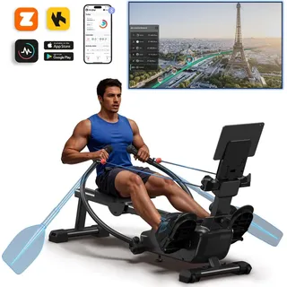Merach Magnetisches Rudergerät 36 kg Widerstand, 7 Modi, bis 158 kg, ergonomischer Sitz, LCD & Tablet-Halter, Bluetooth & Kinomap, App & Kurse, leise - Schwarz