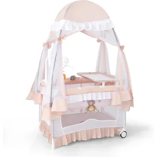 FANTASK 4 in 1 Babybett mit Matratze, Beistellbett mit abnehmbarem Baldachin, Spielbogen & Musikbox, Baby Reisebett mit Rollen, Kinderreisebett für Baby 0-36 Monate (Rosa)