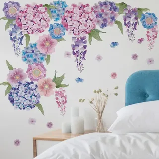 Runtoo Wandtattoo Blumen Lila Wandsticker Hortensie Blumenwiese Bordüre Wandaufkleber Wohnzimmer Kinderzimmer Schlafzimmer