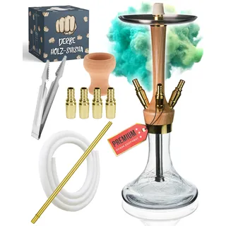 Zanabaq Premium 60cm Shisha Set Holz - 4 Anschlüsse + edles Zubehör - Wood Hookah - Wasserpfeife mit Closed Chamber und 4 18/8 Schliff Schlauch Anschluss Komplettset (Hell)