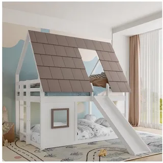 Merax Hochbett (210 x 264 x 193 cm, 1-St., Hausbett Kinderhaus Holzhaus) Etagenbett 140x200cm mit Dach, Leiter & Rutsche, Massivholz Kinderbett weiß