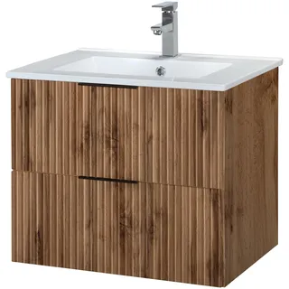 WELLTIME Waschtisch WELLTIME "Trento in verschiedenen Ausführungen inkl. Waschbecken", wotaneiche m. rillenfront, wotaneiche, B:60cm H:52cm T:46cm, Waschtische, Badmöbel in Breite 60 cm, Badschrank Waschplatz mit 2 Schubladen