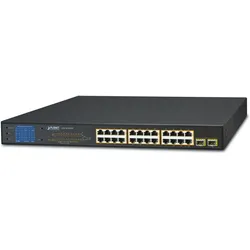 Planet 24-Port 10/100/1000T 802.3at PoE Switch + 2-Port Gigabit SFP and LCD Monitor for PoE 300 Watts (24 Ports), Netzwerk Switch, Schwarz