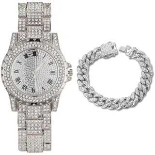 Halukakah Diamanten Gold Uhr Iced Out,Herren Platin Weißgold Plattiert 39MM Breites Rundes Zifferblatt Quarz 22,5cm,mit Cuban Gliederkette 20cm Armband Set,Kommt mit Geschenkbox