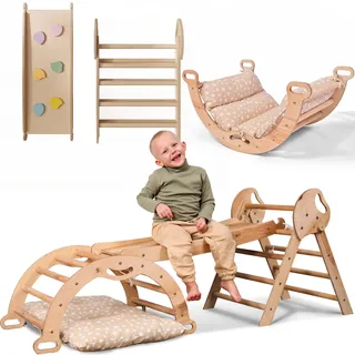 Goodevas 5-in-1 Montessori Klettergerüst Set: Indoor Kletterdreieck, Kletterbogen mit Kissen, und Rutsche für Kinder, Indoor Spielplatz 1-3 Jahre