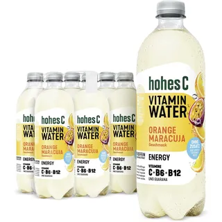hohes C Vitamin Water Energy Orange & Maracuja (6 x 750ml), Müdigkeit & Ermüdung verringern, mehr Energie mit Vitamin C, B6 & B12, nur 6kcal/100ml, ohne Zuckerzusatz & Süßungsmittel, vegan