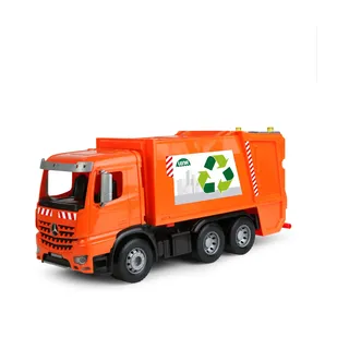 Lena 4614 Worxx Müllauto Mercedes Benz Arocs, Spielauto ca. 53 cm, Nutzfahrzeug für Kinder ab 3 Jahre, robuster Müllwagen mit 2 Mülltonnen und realitischen Spielfunktionen, orange