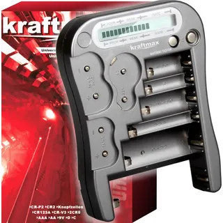 kraftmax Batterietester V2 Professional - Universal Batterie und Akku Testgerät mit LCD Display und Knopfzellen Test - NEUSTE VERSION