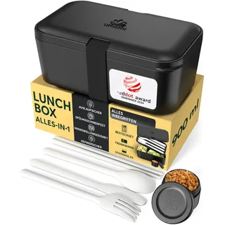 Umami Lunchbox Erwachsene, Verschachtelbar Auslaufsichere Bento Box mit 4 Bestecke & Fächern, Brotdose Erwachsene, Salatbehälter To-Go, Lunch Box für Picknick/Büro, Onyx Schwarz, 900 ml