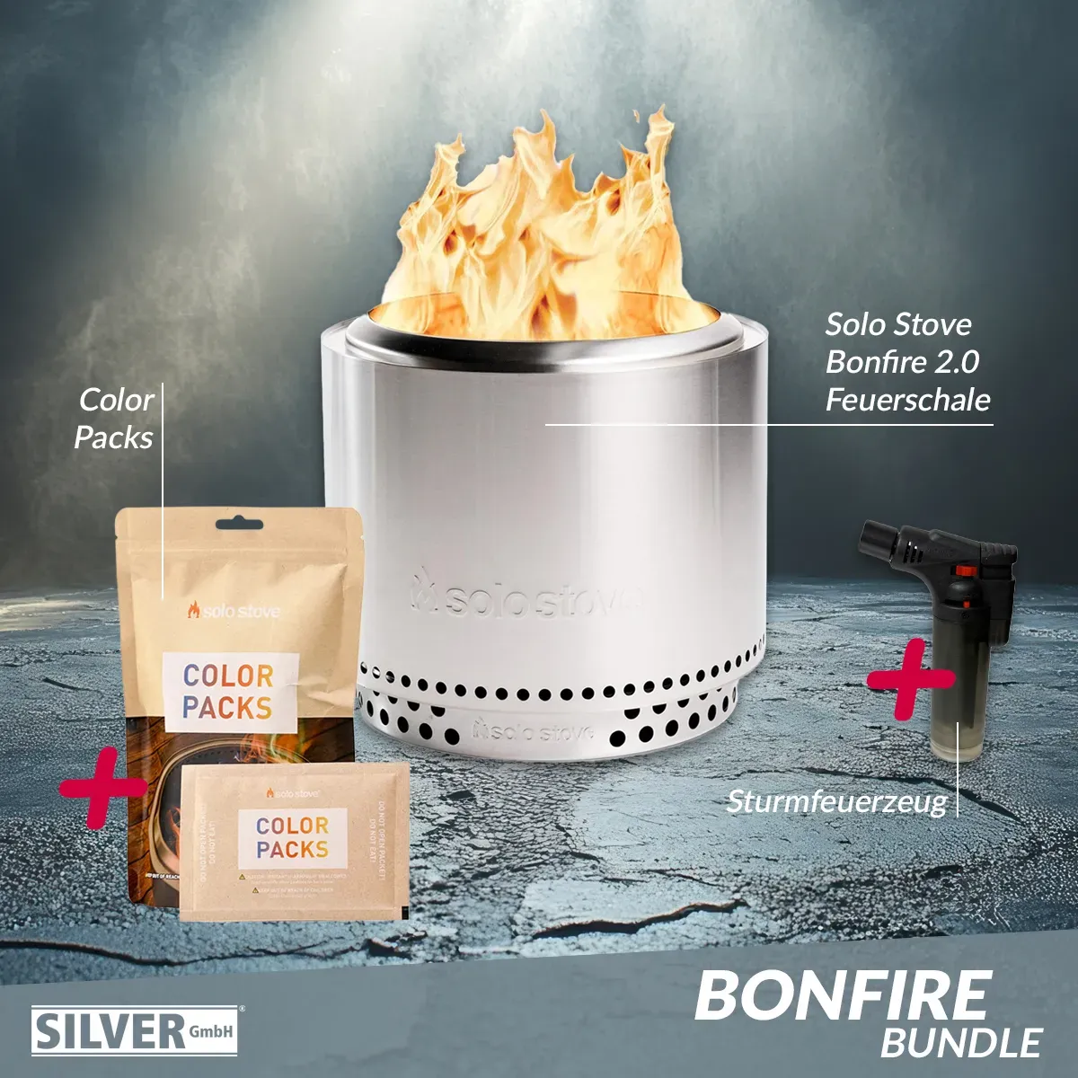 Solo Stove BONFIRE 2.0 Ø 49,5 cm + STAND Edelstahl + Buntes Feuer + Sturmfeuerze...