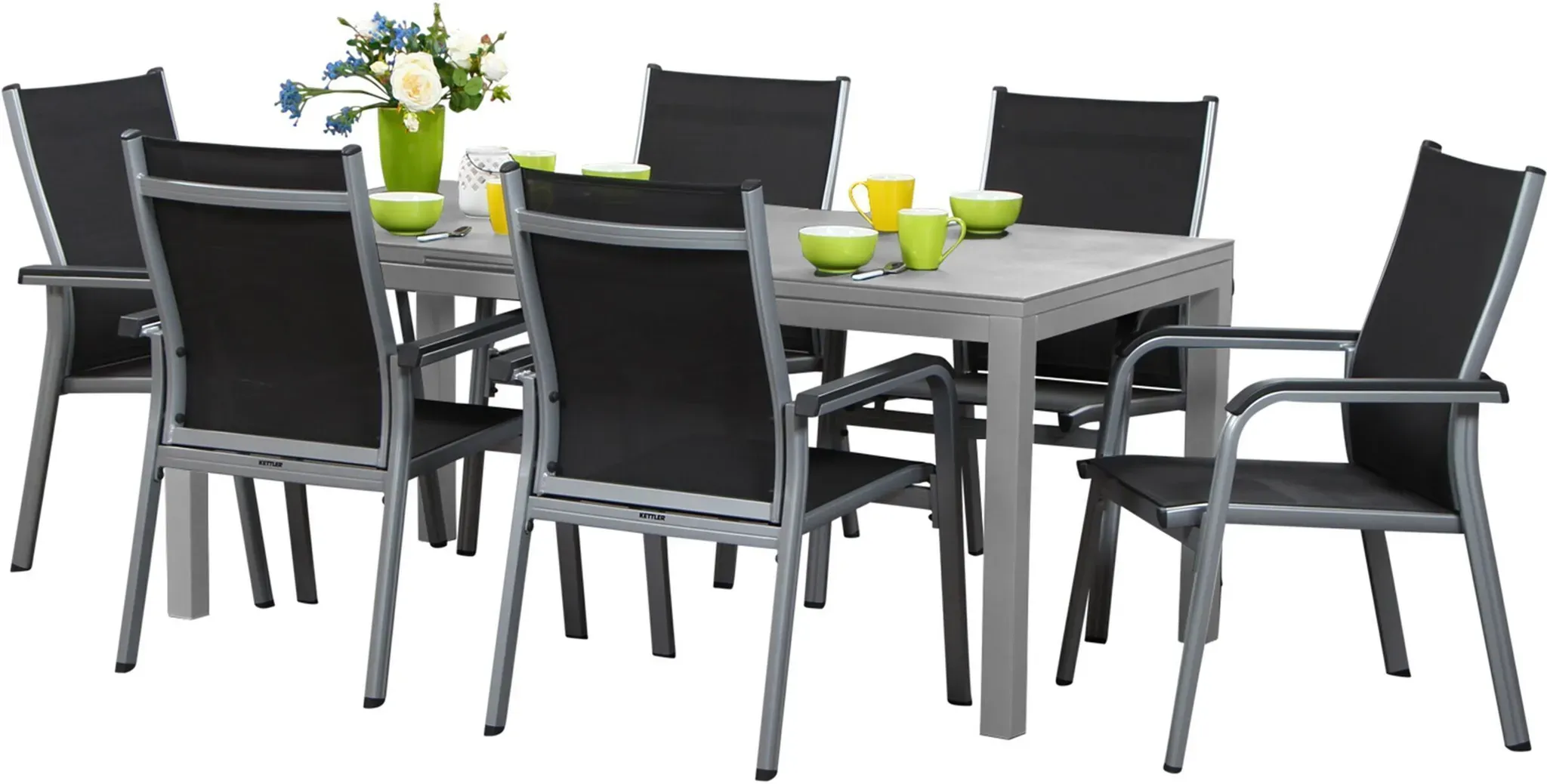 KETTLER Basic Plus Garten-Essgruppe, silber/anthrazit, Alu/Textilene, 180/240x90cm, 6 Stapelsessel