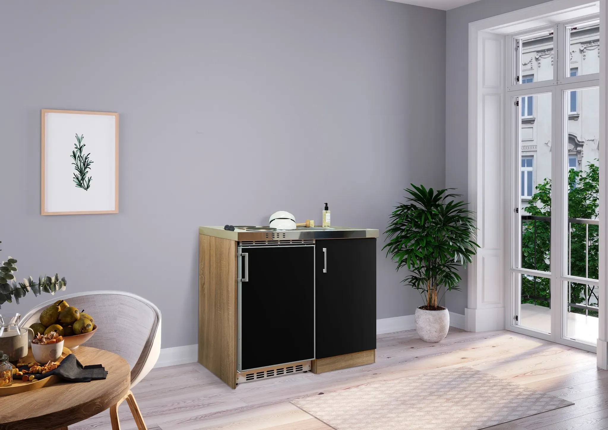 Küche Miniküche Singleküche Pantry Eiche Schwarz Levin 100 cm Respekta