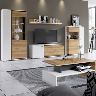Lomadox Wohnwand Eiche Nb. weiß inkl. Couchtisch SANDVIKA-129 Absetzungen schwarz matt