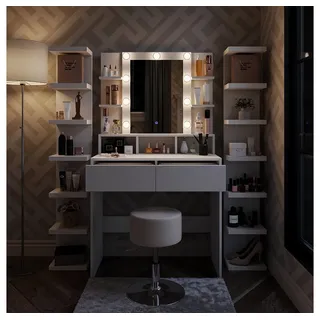 Vicco Schminktisch Taylor, Weiß, 80 cm mit LED Beleuchtung und Hocker weiß