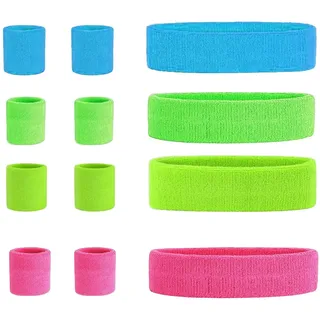 12-Teiliges Neon Schweißband Set, 80er Jahre Schweißband Handgelenk Schweißband Stirn Schweissband Retro Party Accessoires für Damen Herren 4 Farben Pink Grün Blu Gelb Schweissband Fitness-zubehã¶r
