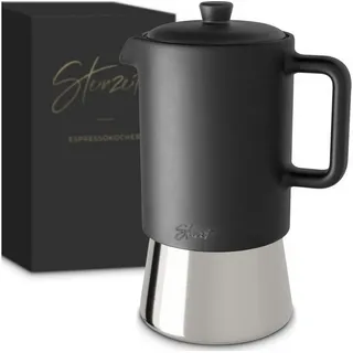 Steinzeit Espressokocher aus Keramik (300ml) - Espressokocher Induktion für alle Herdarten geeignet - Mokkakanne mit Edelstahl Basis und Keramik Kanne - Espressokocher Edelstahl