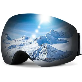 NENKI Skibrille Herren, Anti-Fog & UV 400 rahmenlose Skibrille Damen, geeignet für Skihelm, OTG Skiboardbrille, Silber