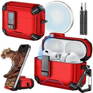 Inesore for AirPods Pro 3 Hülle (2025) with Phone Stand Design, Compatible with MagSafe, Auto-Locking Case Cover for Air Pods Pro 3rd with Cleaning Kit & Keychain, Red