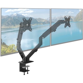 HuaNuo ACROPAQ - 2 Monitore für 13 bis 27 Zoll Bildschirme, - Monitor Halterung 2 Monitor, Monitorhalterung 2 Monitore 360° drehbar, 2 Montageoptionen, VESA 75 - Gasdruckfeder - Bildschirmhalterung Monitorhalt... Schwarz