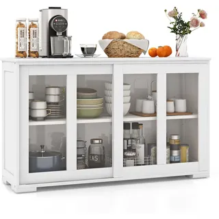 Costway FANTASK Sideboard, Küchenschrank mit Glasschiebetüren und verstellbarem Ablage, Aufbewahrungsschrank, 107 x 33 x 62,5 cm (Weiß)