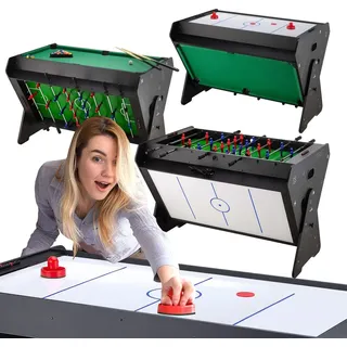Outtec® 3in1 Spieltisch - Kickertisch, Tischbillard, Airhockey - 121x84x85 cm - Tichfußball, Air Hockey, Billard für Kinder und Erwachsene