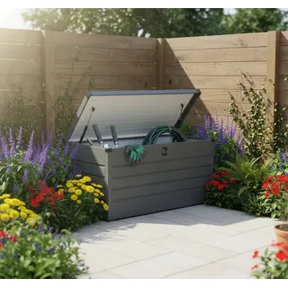 prestige home living outdoor Metall-Aufbewahrungsbox Gartentruhe 600L 165 x 70 x 63 cm Grau