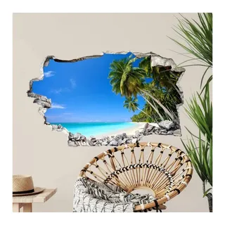 K&L Wall Art Wandtattoo 3D Wandtattoo Aufkleber Badezimmer Paradise Ausblick Palmen Strandurlaub, Mauerdurchbruch Wandbild selbstklebend blau 100 cm x 61 cm