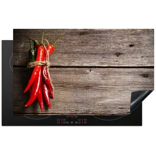 MuchoWow Herd-Abdeckplatte Pfeffer - Holz - Gewürze - Kräuter - Rot, Vinyl, (1 tlg), Herdabdeckplatten für Ceranfeld, Induktionsschutz, 80x50 cm 80 cm x 50 cm x 0.2 cm